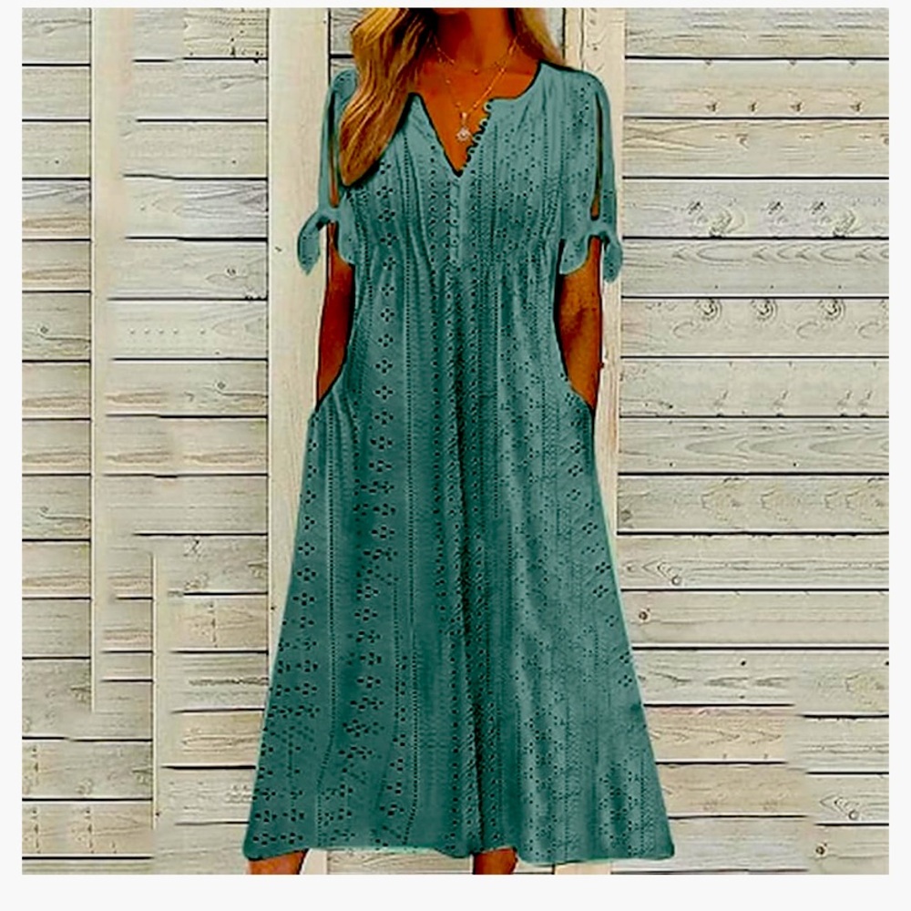 Button V Neck Tie Knot Short MIDI Dress with pockets